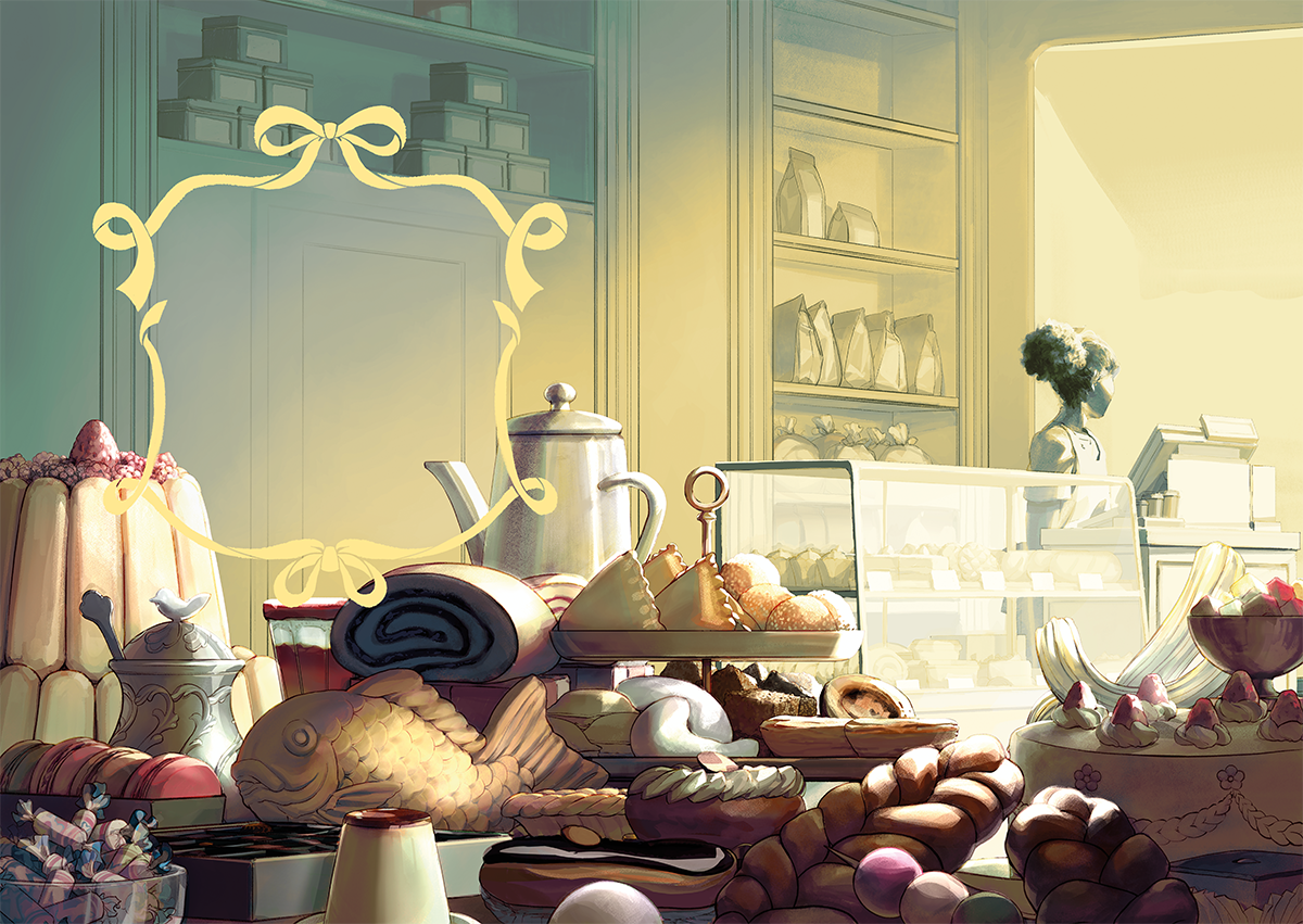 Plaisirs Gustatifs book cover Plaisirs Gustatifs Illustration cover for LGBTQIA+ Novel anthology published by YBY editions. A black woman is standing at the cash register of a bakery, looking outside. In the foreground, there is a wide variety of pastries, cakes and sweets.