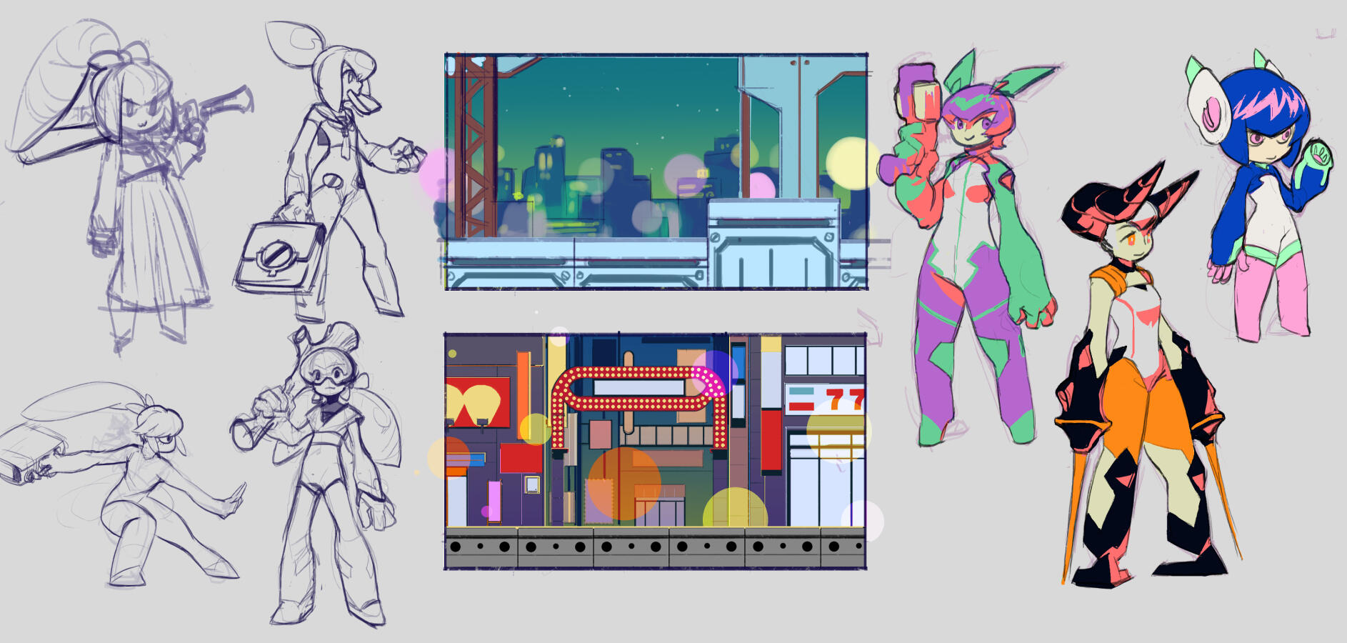 80's Japan par Alyssa Monnoyeur Early concept arts and character design for an unamed game project for Shirogames 's dropped plateform game idea with a megaman like gameplay